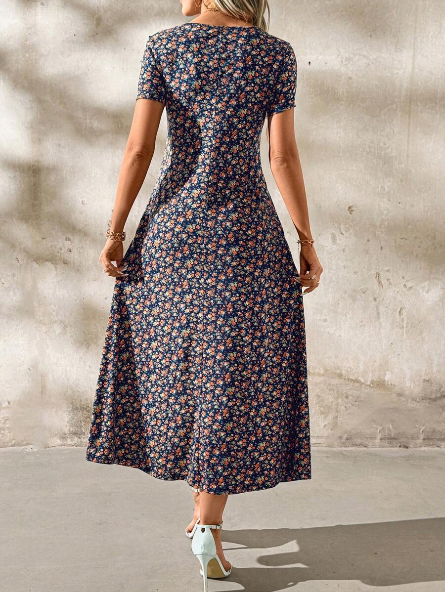 Vestido Laura Casual Midi Decote V Manga Curta