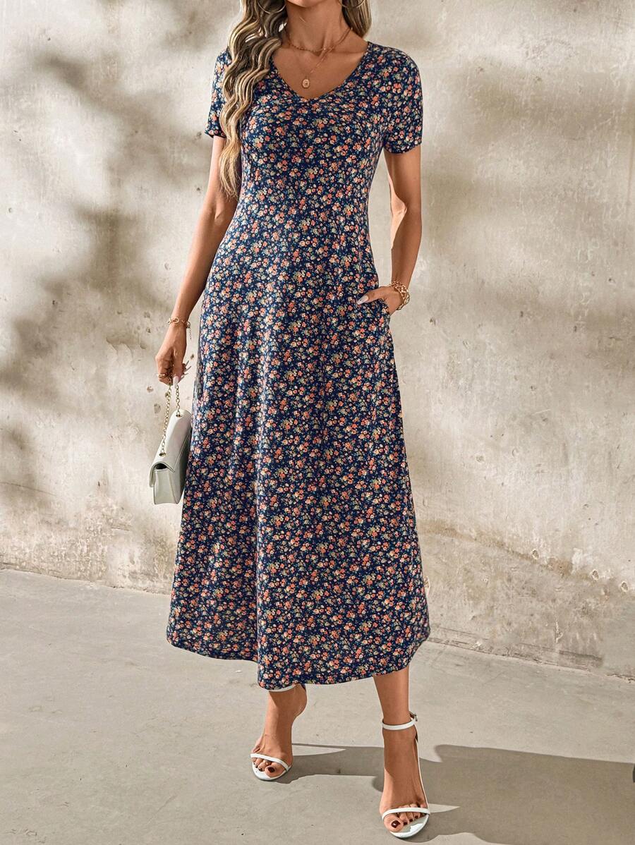 Vestido Laura Casual Midi Decote V Manga Curta