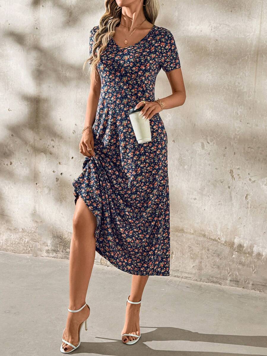 Vestido Laura Casual Midi Decote V Manga Curta