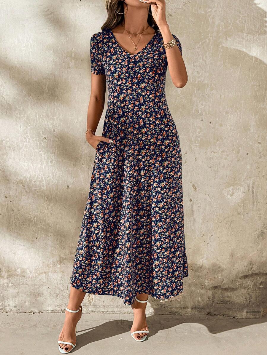 Vestido Laura Casual Midi Decote V Manga Curta