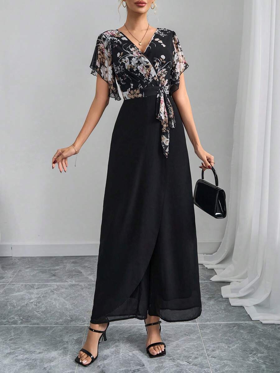 Macacão Aurora Elegante Longo Decote V com Amarração