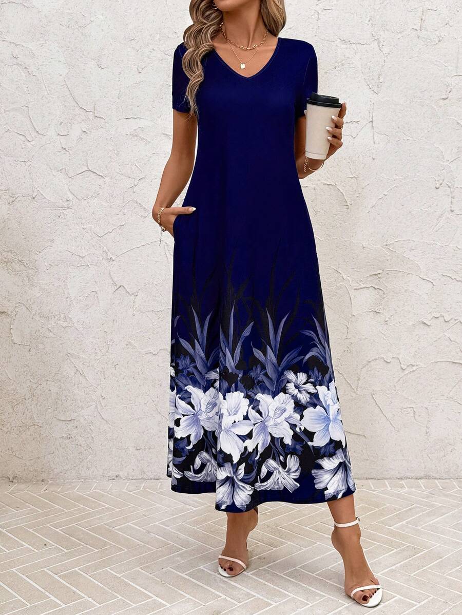 Vestido Laura Casual Midi Decote V Manga Curta