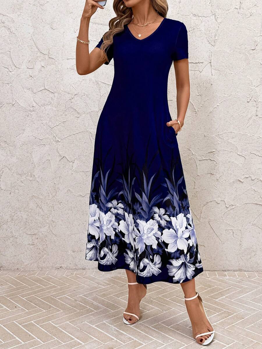 Vestido Laura Casual Midi Decote V Manga Curta