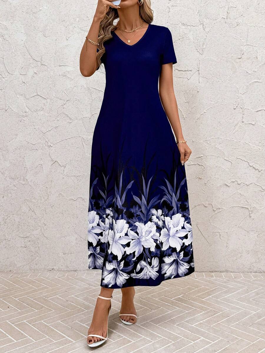 Vestido Laura Casual Midi Decote V Manga Curta