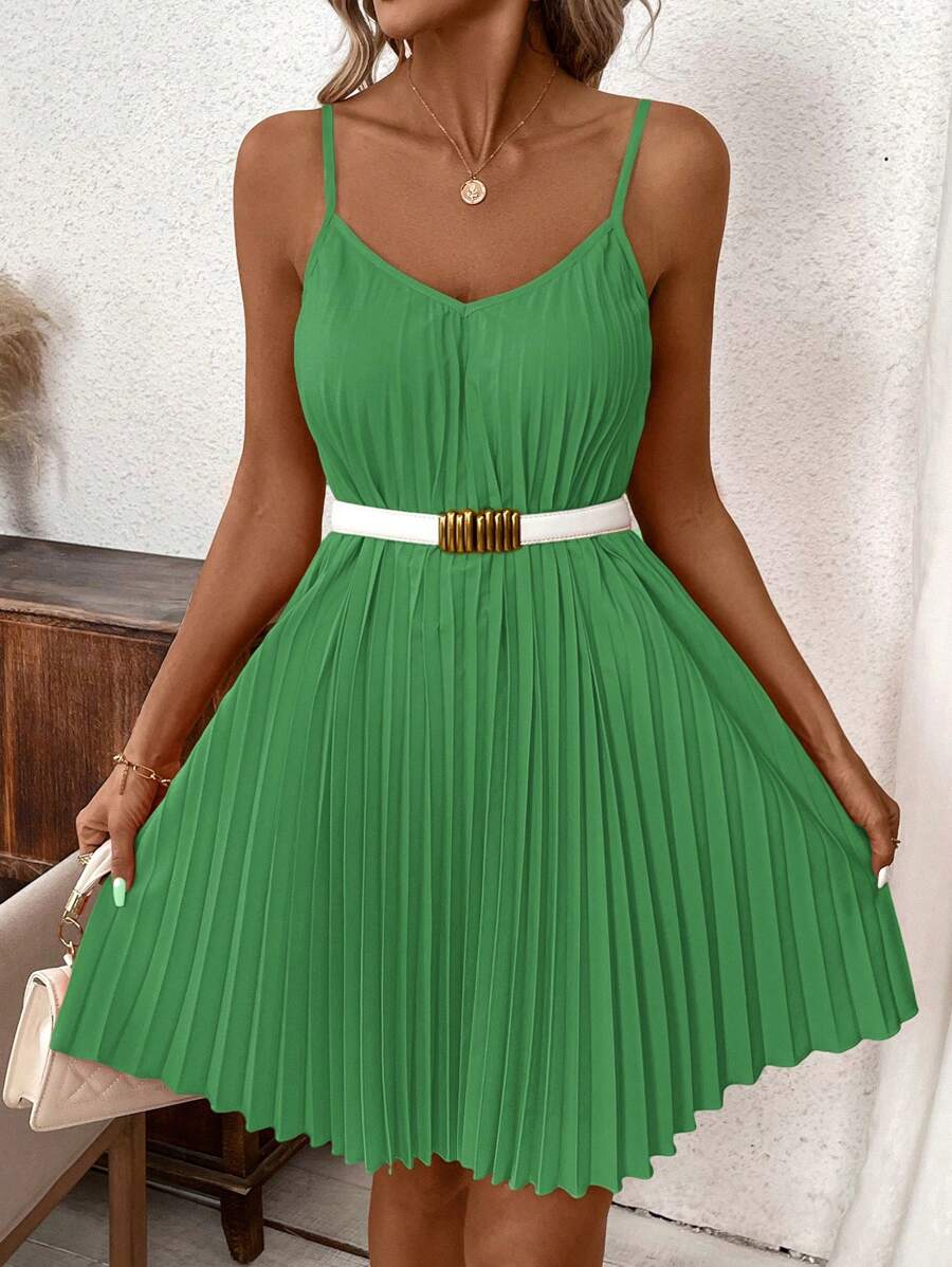 Vestido Coral Primavera Curto Plissado Alças Finas