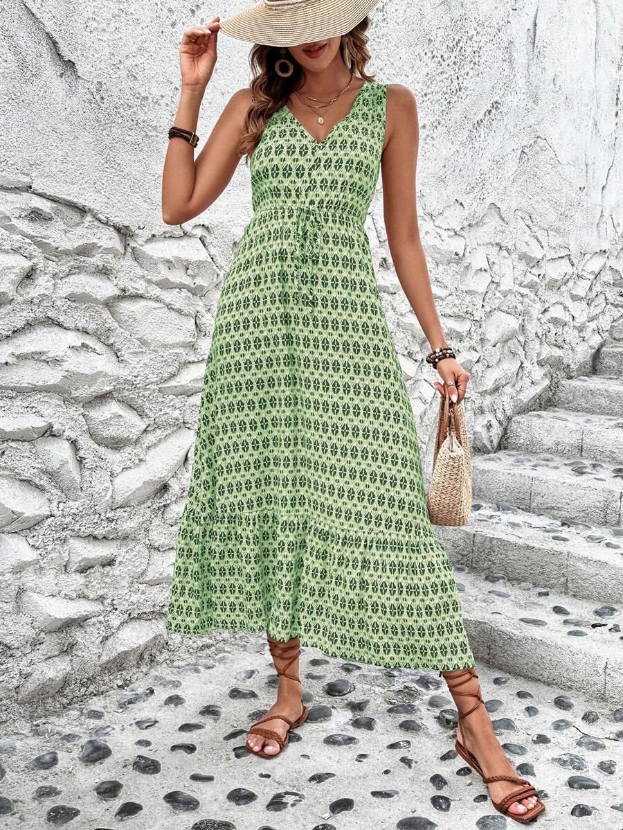 Vestido Clara Casual Longo Geométrico Sem Mangas