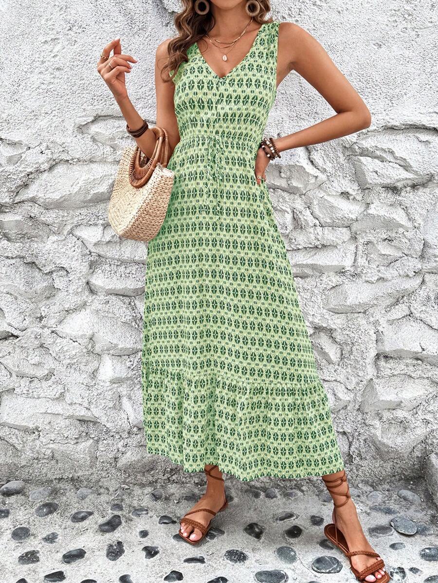 Vestido Clara Casual Longo Geométrico Sem Mangas