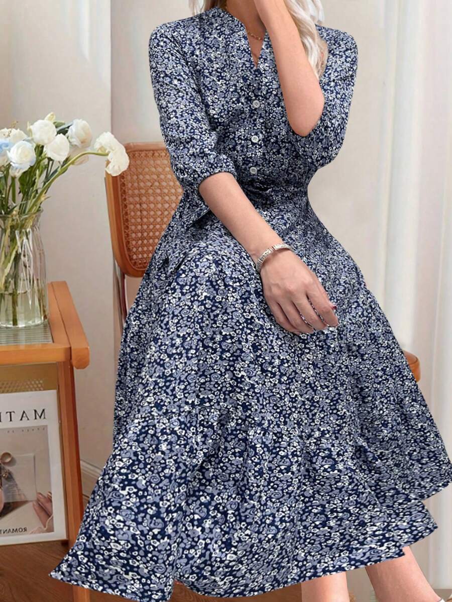 Vestido Amélia Elegante Midi Floral Gola Alta