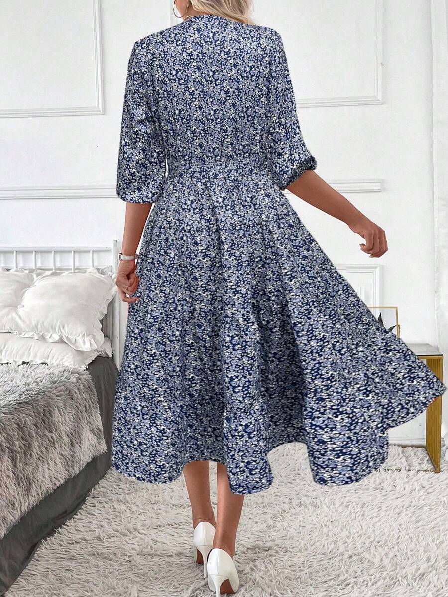 Vestido Amélia Elegante Midi Floral Gola Alta