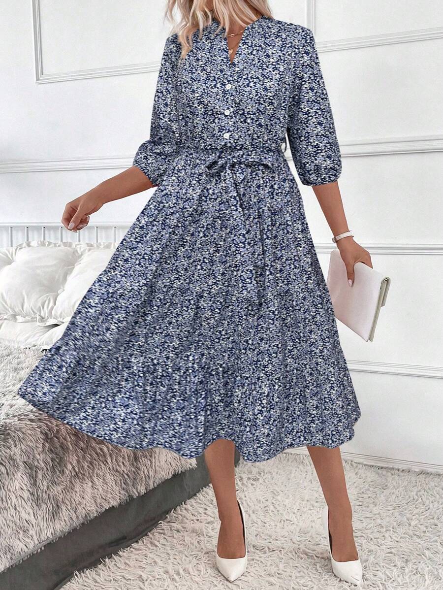 Vestido Amélia Elegante Midi Floral Gola Alta