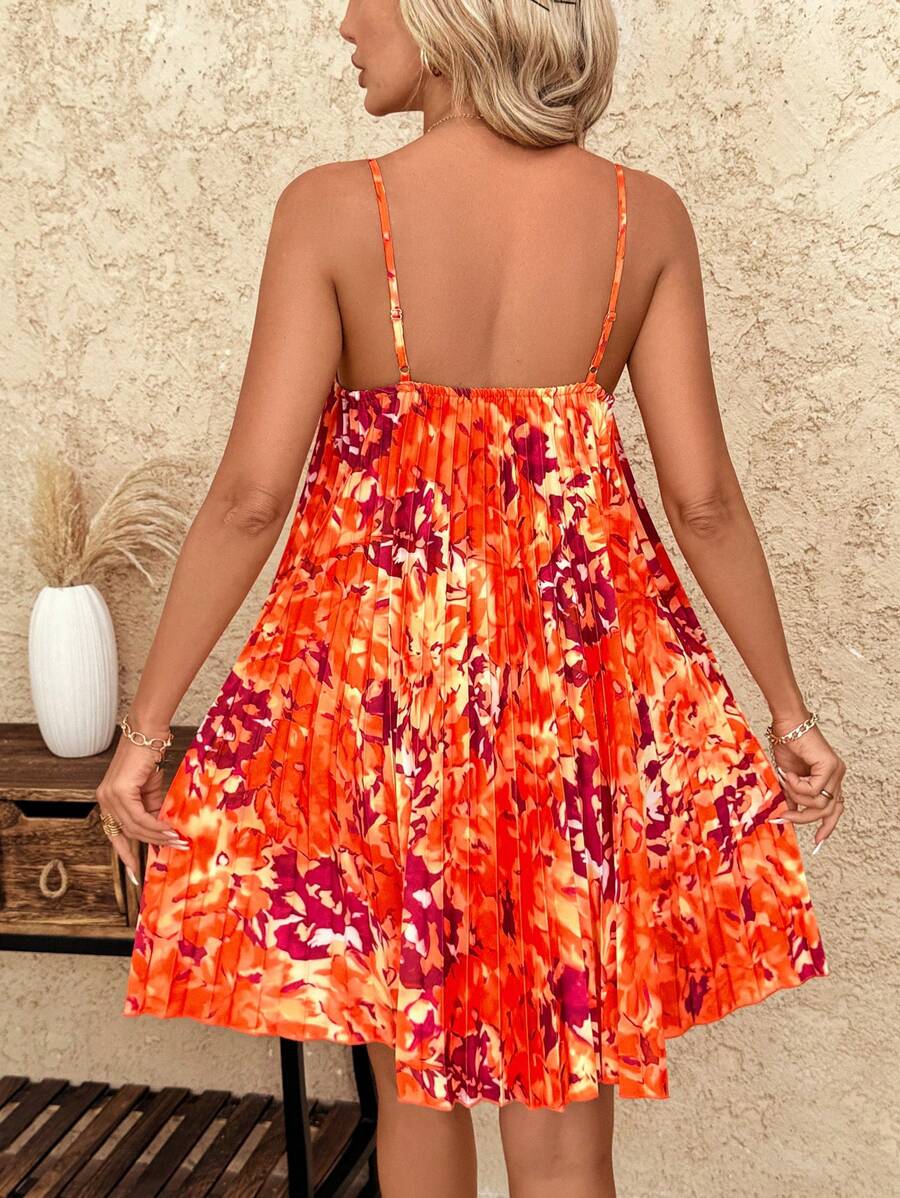 Vestido Coral Primavera Curto Plissado Alças Finas