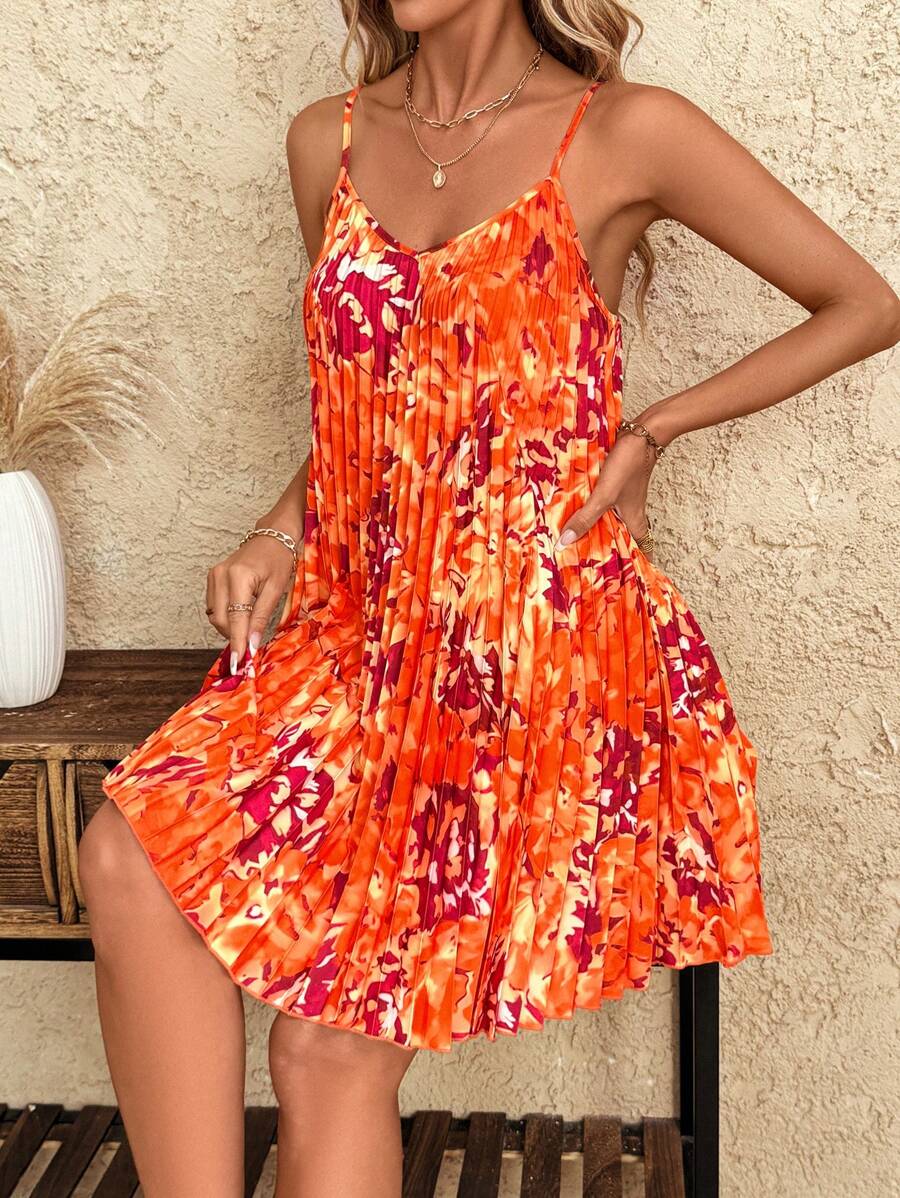 Vestido Coral Primavera Curto Plissado Alças Finas