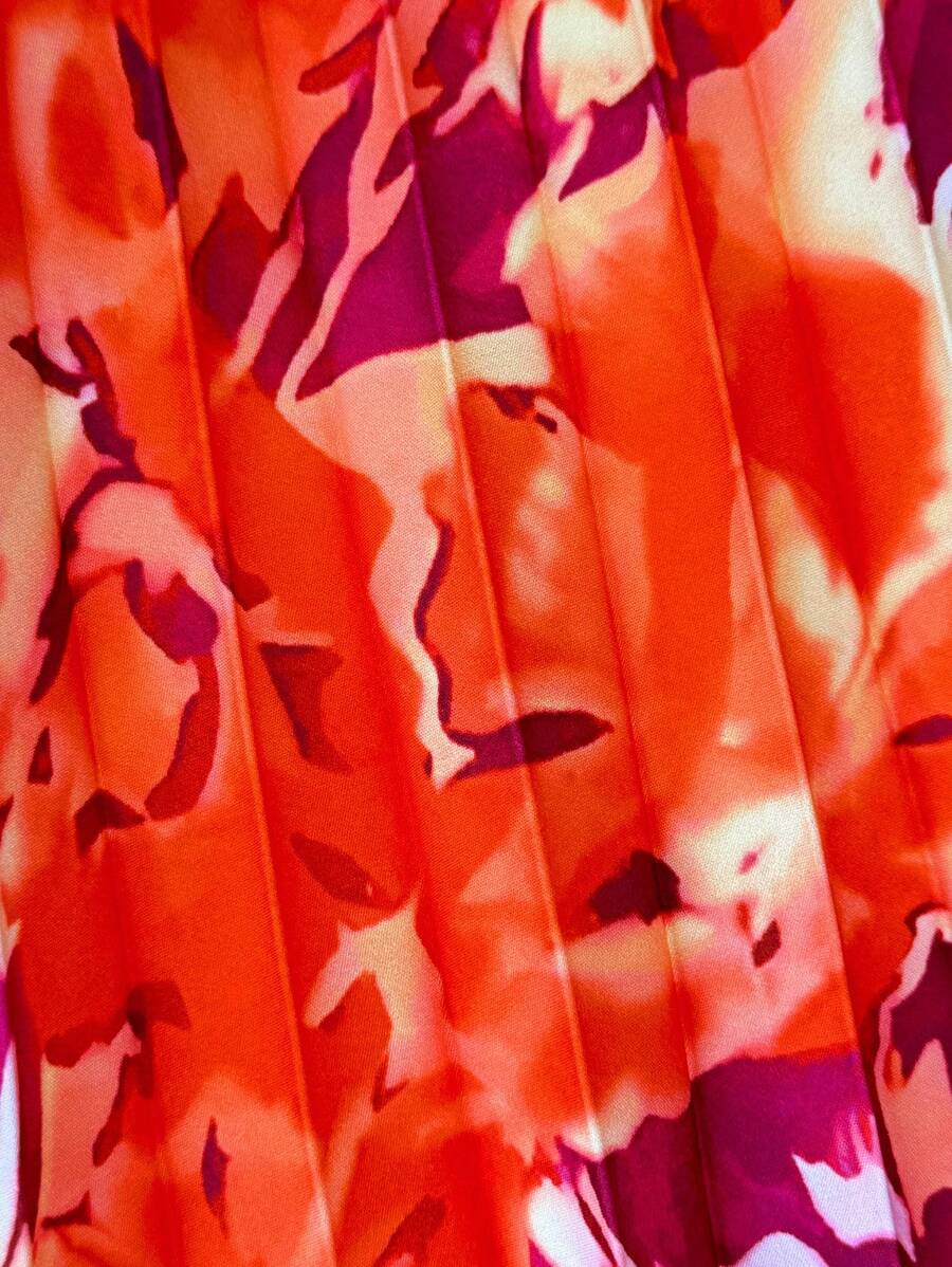 Vestido Coral Primavera Curto Plissado Alças Finas