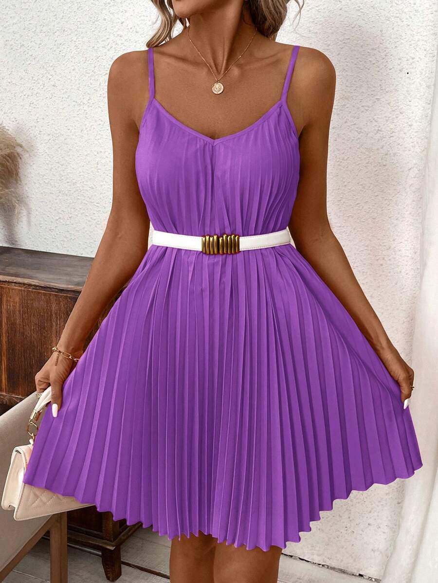 Vestido Coral Primavera Curto Plissado Alças Finas