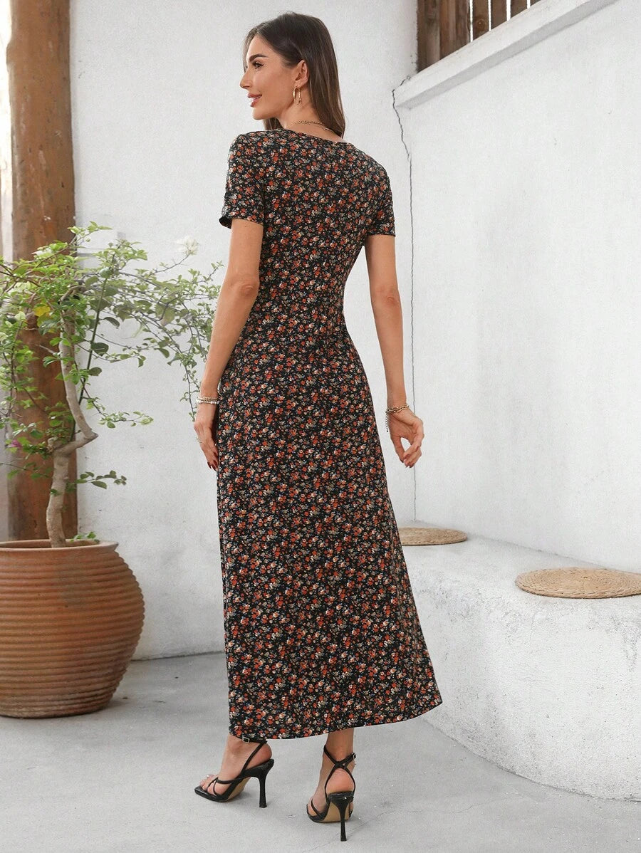 Vestido Laura Casual Midi Decote V Manga Curta