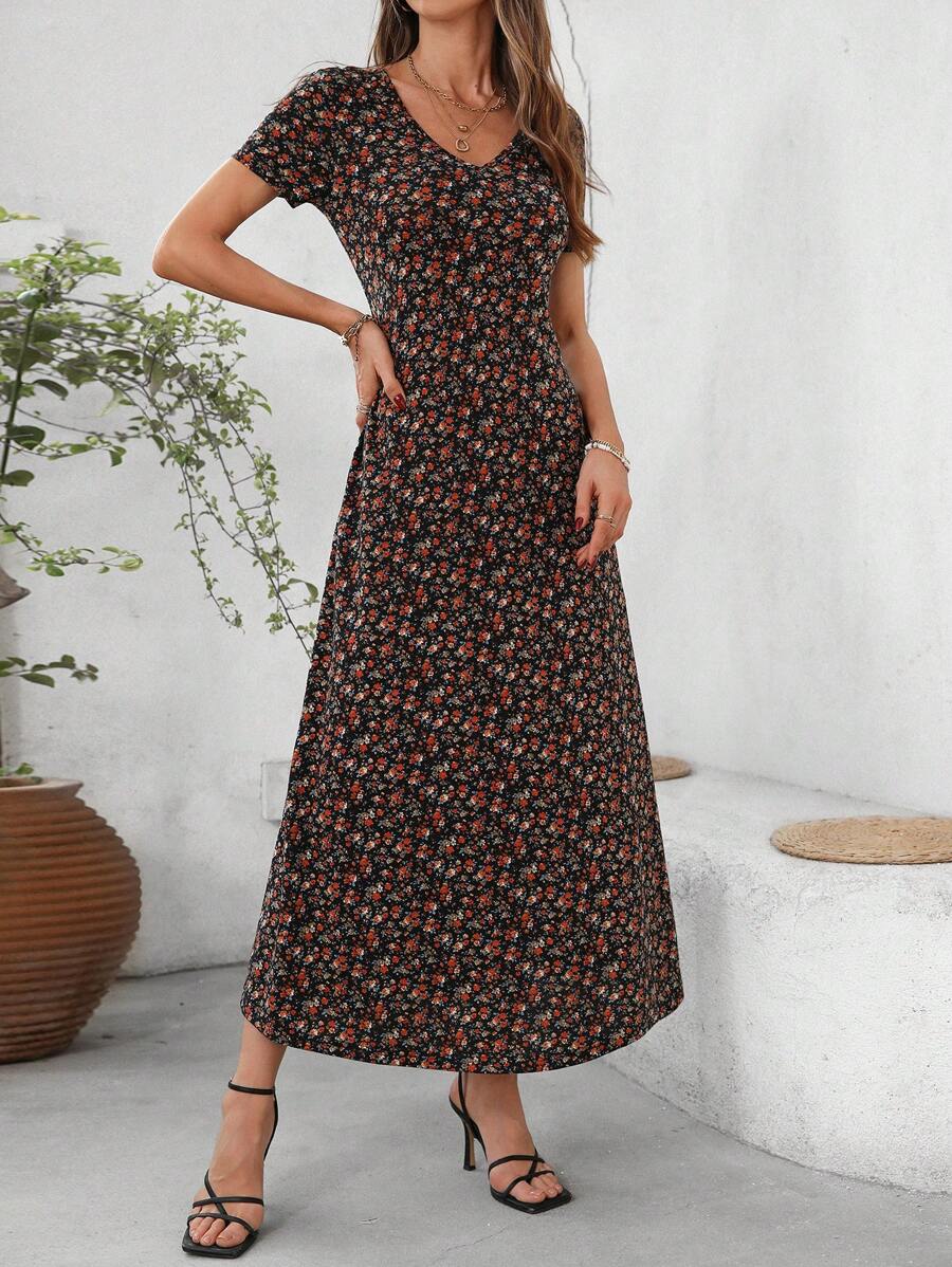 Vestido Laura Casual Midi Decote V Manga Curta