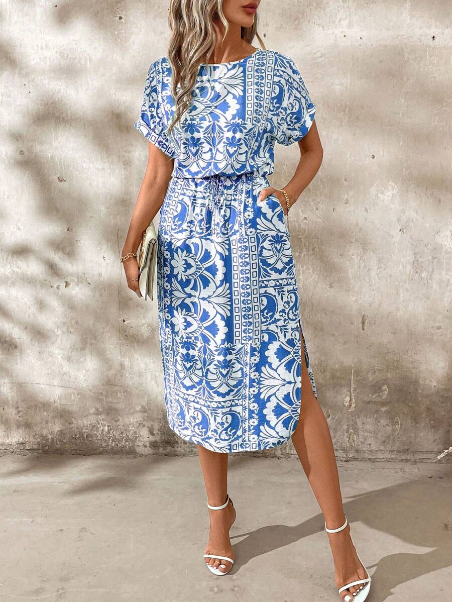 Vestido Sofia Casual Midi Manga Morcego com Fenda