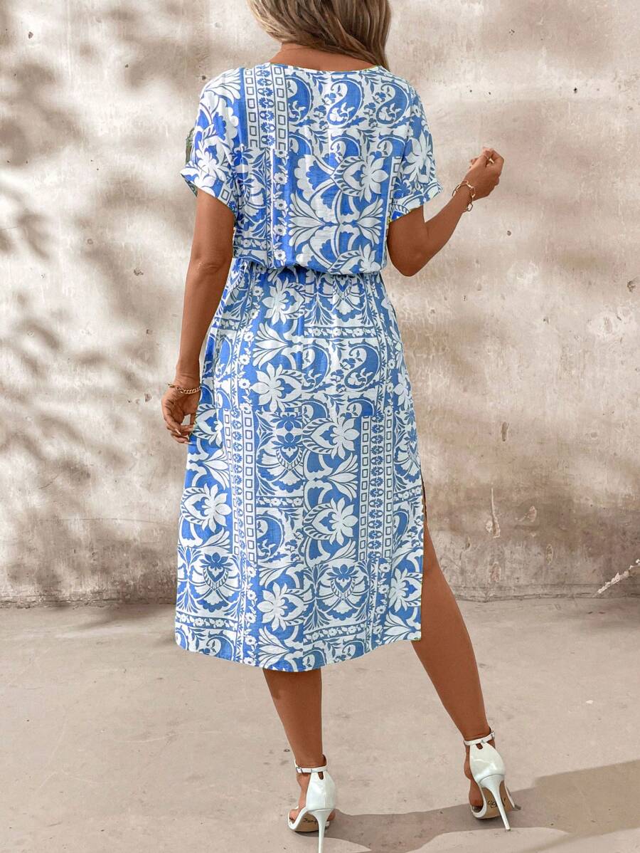 Vestido Sofia Casual Midi Manga Morcego com Fenda