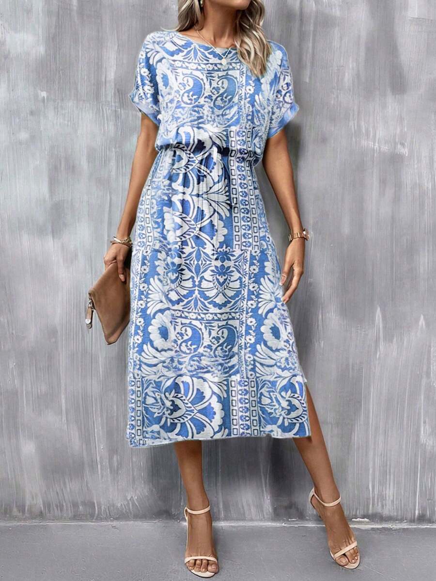 Vestido Sofia Casual Midi Manga Morcego com Fenda