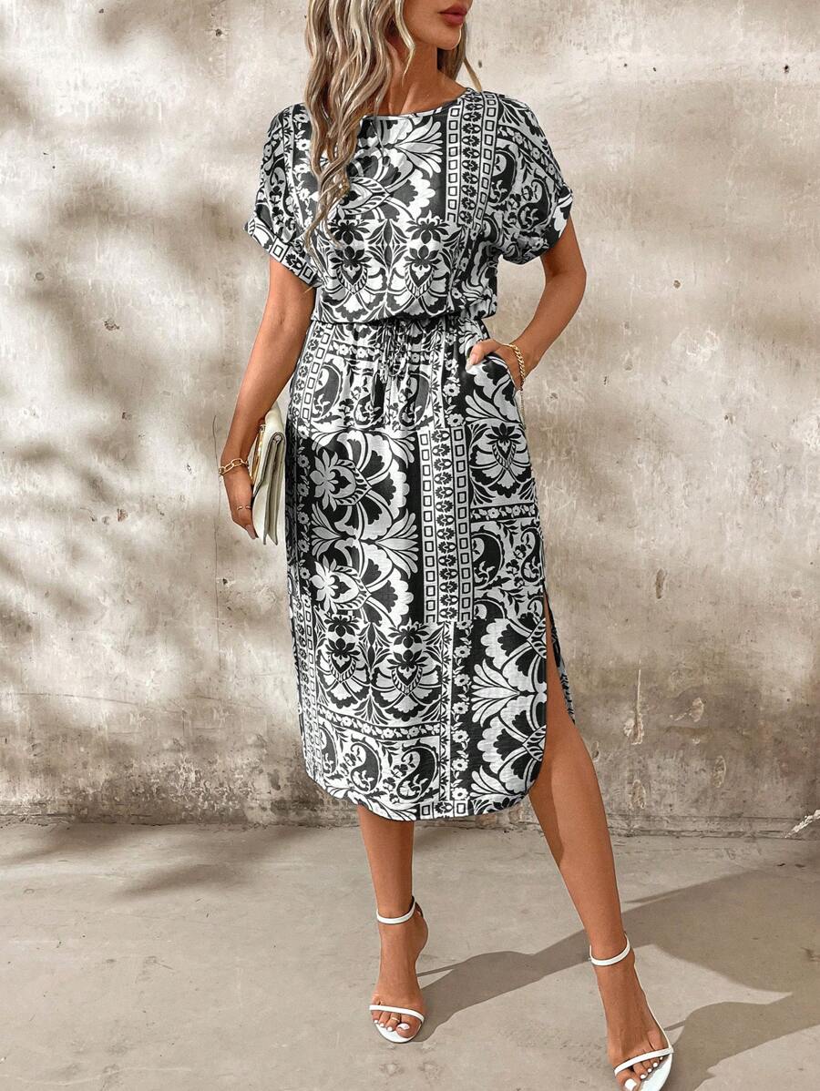 Vestido Sofia Casual Midi Manga Morcego com Fenda