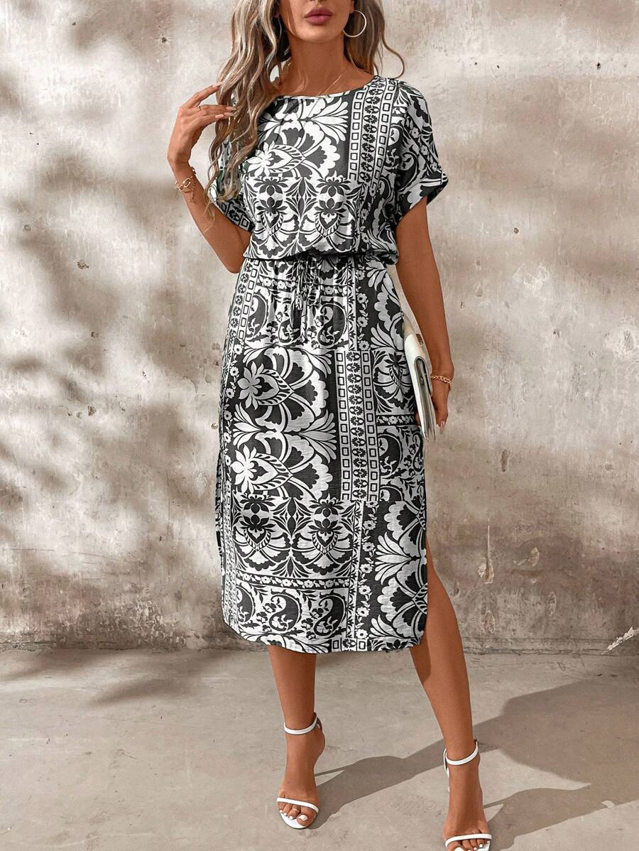 Vestido Sofia Casual Midi Manga Morcego com Fenda