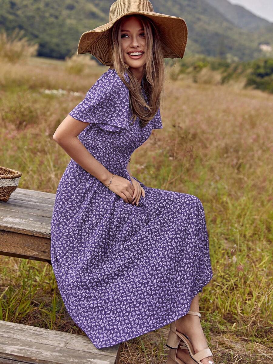 Vestido Aurora Boho Midi Floral Manga Curta