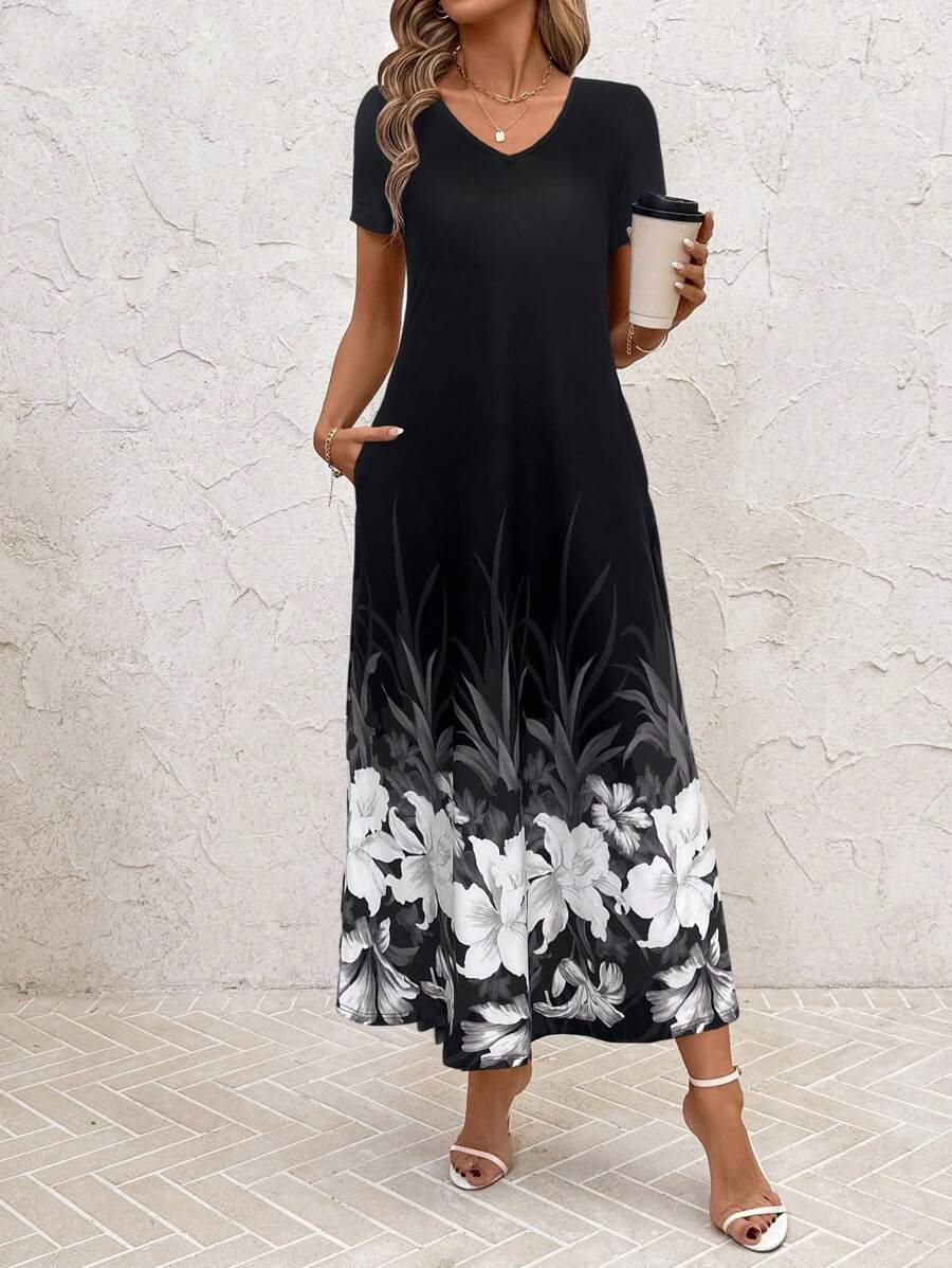 Vestido Laura Casual Midi Decote V Manga Curta