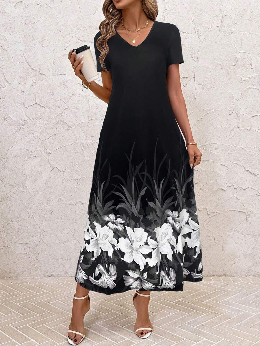 Vestido Laura Casual Midi Decote V Manga Curta