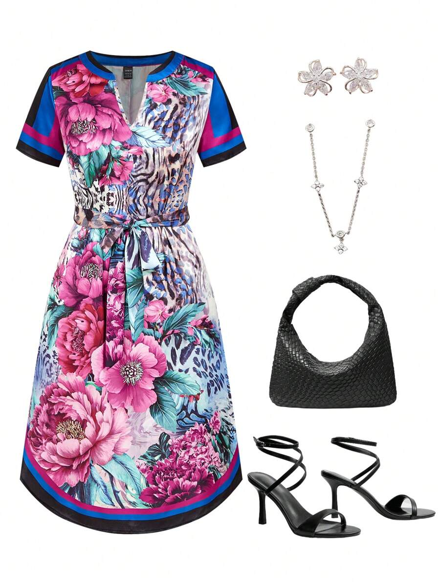 Vestido Camila Casual Midi Geométrico com Cinto