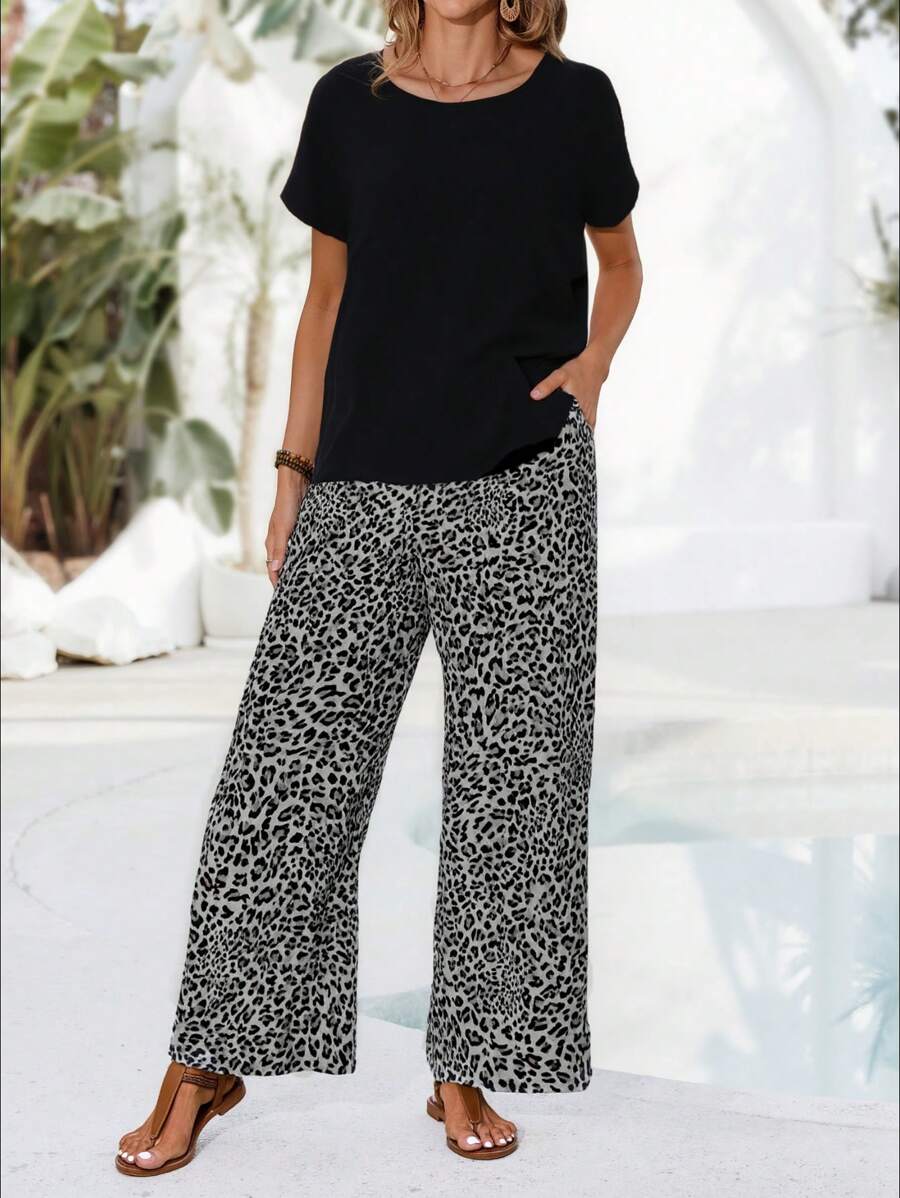 Conjunto Serena Blusa Lisa e Calça Pantalona Floral