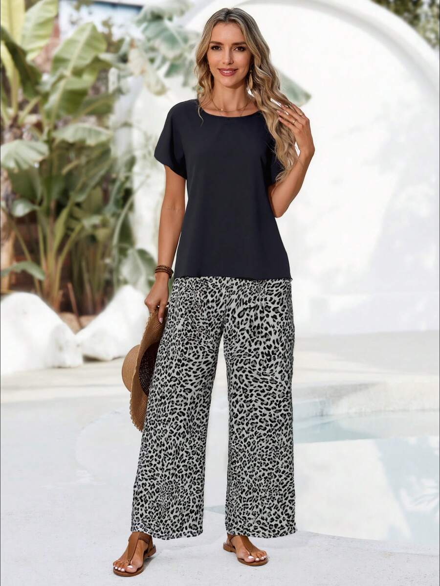 Conjunto Serena Blusa Lisa e Calça Pantalona Floral