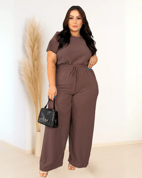 Conjunto Feminino Plus Size Marrom com Cintura Ajustável – Nelima