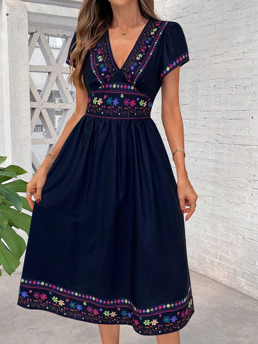 Vestido Clara Boho Midi Decote V Retrô