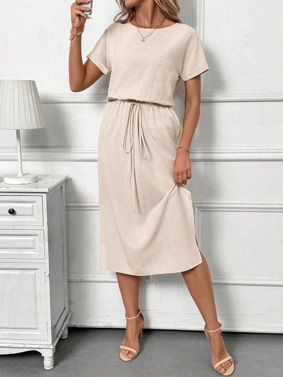 Vestido Sofia Casual Midi Manga Morcego com Fenda