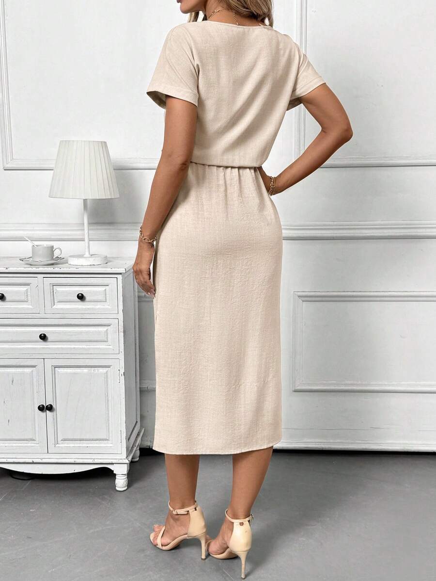 Vestido Sofia Casual Midi Manga Morcego com Fenda