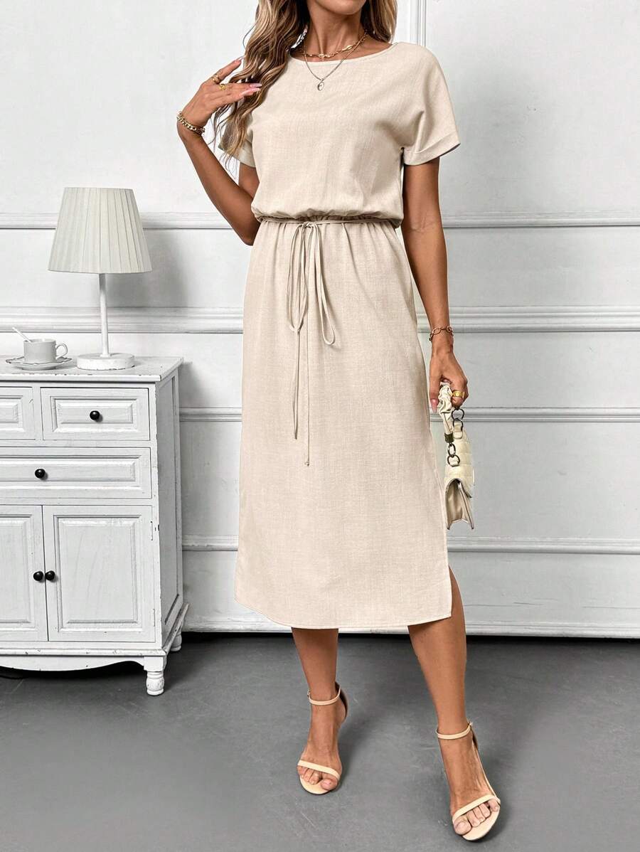 Vestido Sofia Casual Midi Manga Morcego com Fenda