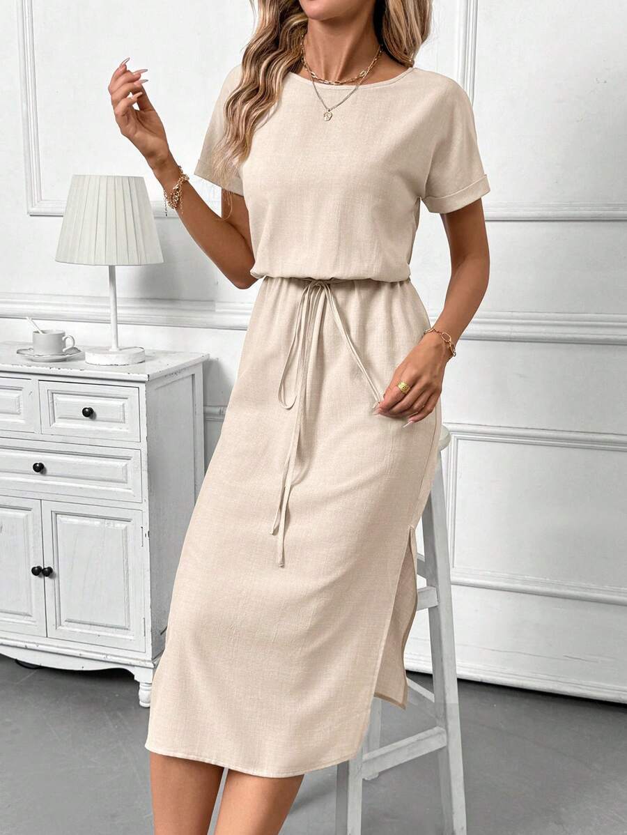 Vestido Sofia Casual Midi Manga Morcego com Fenda