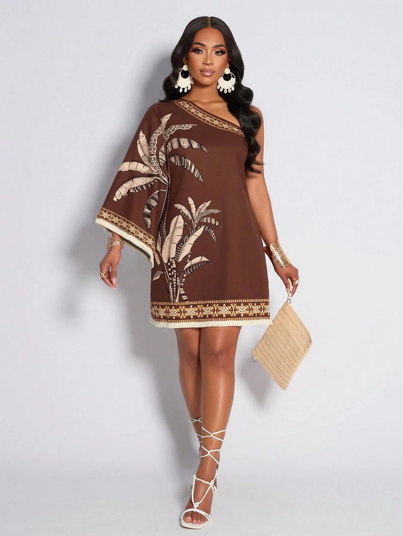 Vestido Curto Um Ombro Só Estampado Tropical – Elegância e Conforto do P ao XG | Nelima