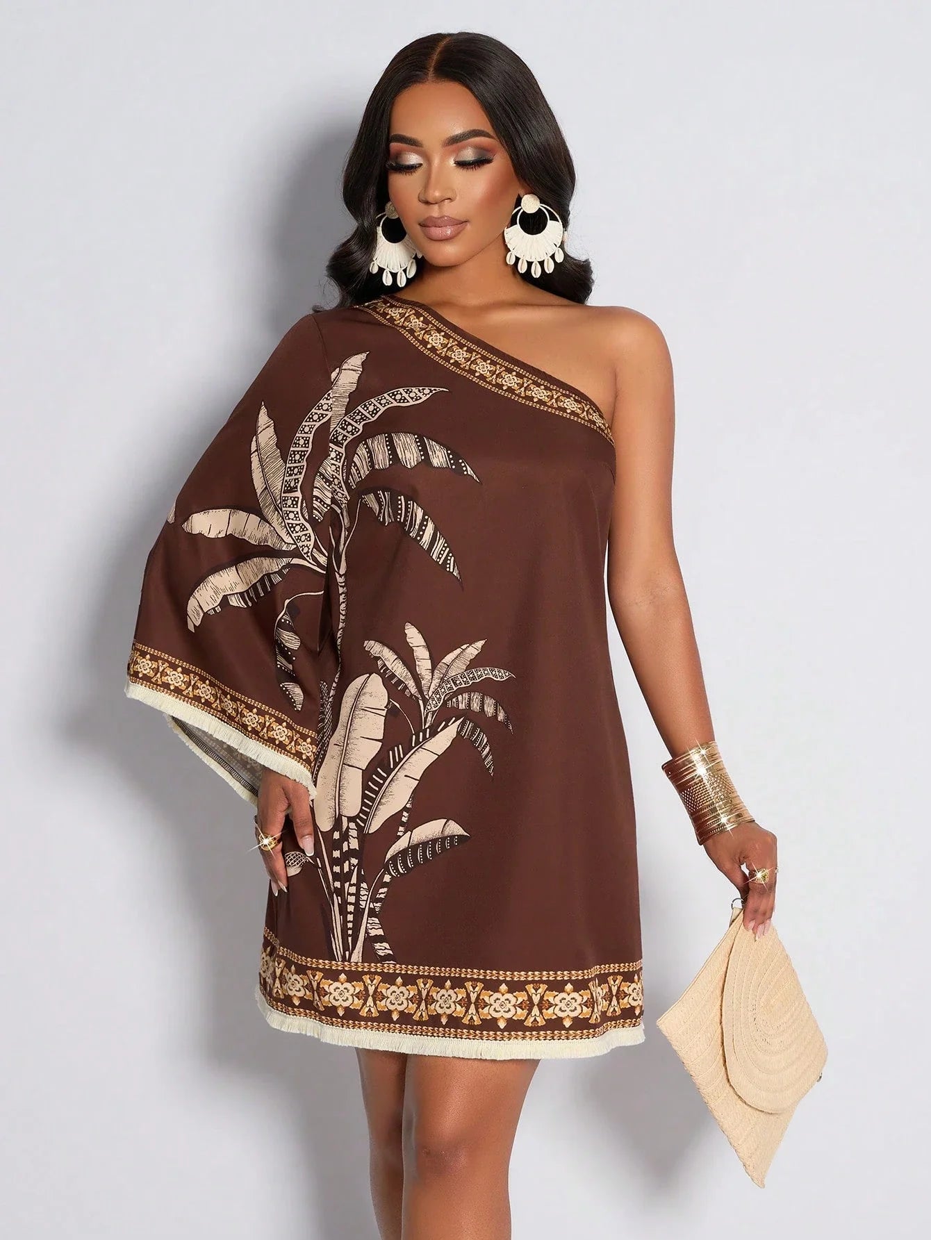 Vestido Curto Um Ombro Só Estampado Tropical – Elegância e Conforto do P ao XG | Nelima