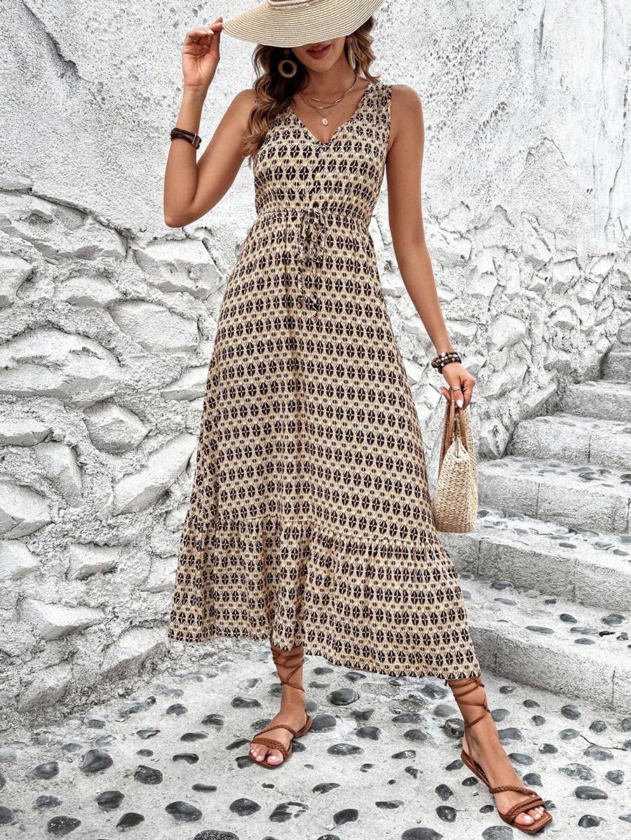 Vestido Clara Casual Longo Geométrico Sem Mangas