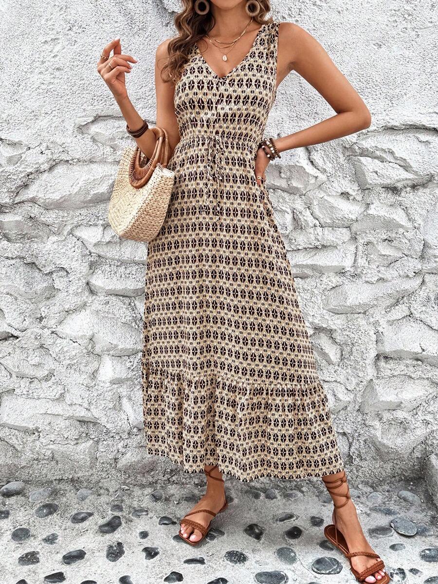 Vestido Clara Casual Longo Geométrico Sem Mangas