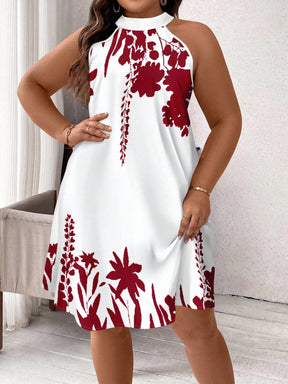 Vestido Curto Branco Plus Size com Estampa Floral Preta e Gola Halter – Do G ao G4
