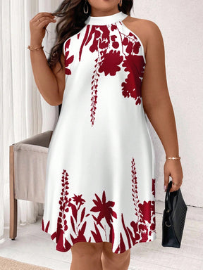 Vestido Curto Branco Plus Size com Estampa Floral Preta e Gola Halter – Do G ao G4