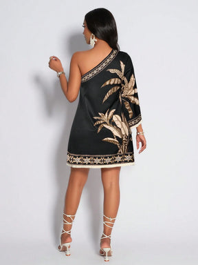 Vestido Curto Um Ombro Só Estampado Tropical – Elegância e Conforto do P ao XG | Nelima