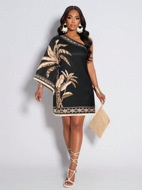 Vestido Curto Um Ombro Só Estampado Tropical – Elegância e Conforto do P ao XG | Nelima