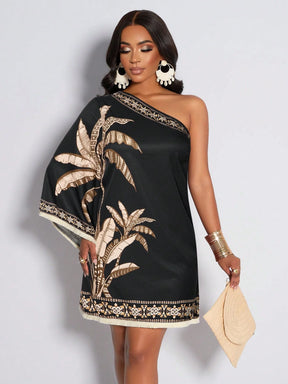 Vestido Curto Um Ombro Só Estampado Tropical – Elegância e Conforto do P ao XG | Nelima