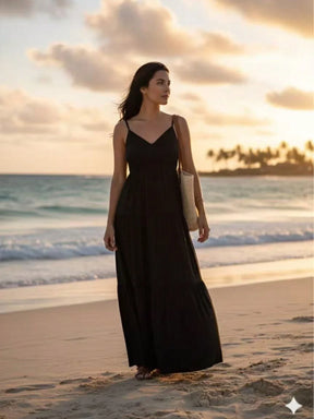 Vestido Longo Preto Feminino com Alças Finas – Elegância do M ao GG