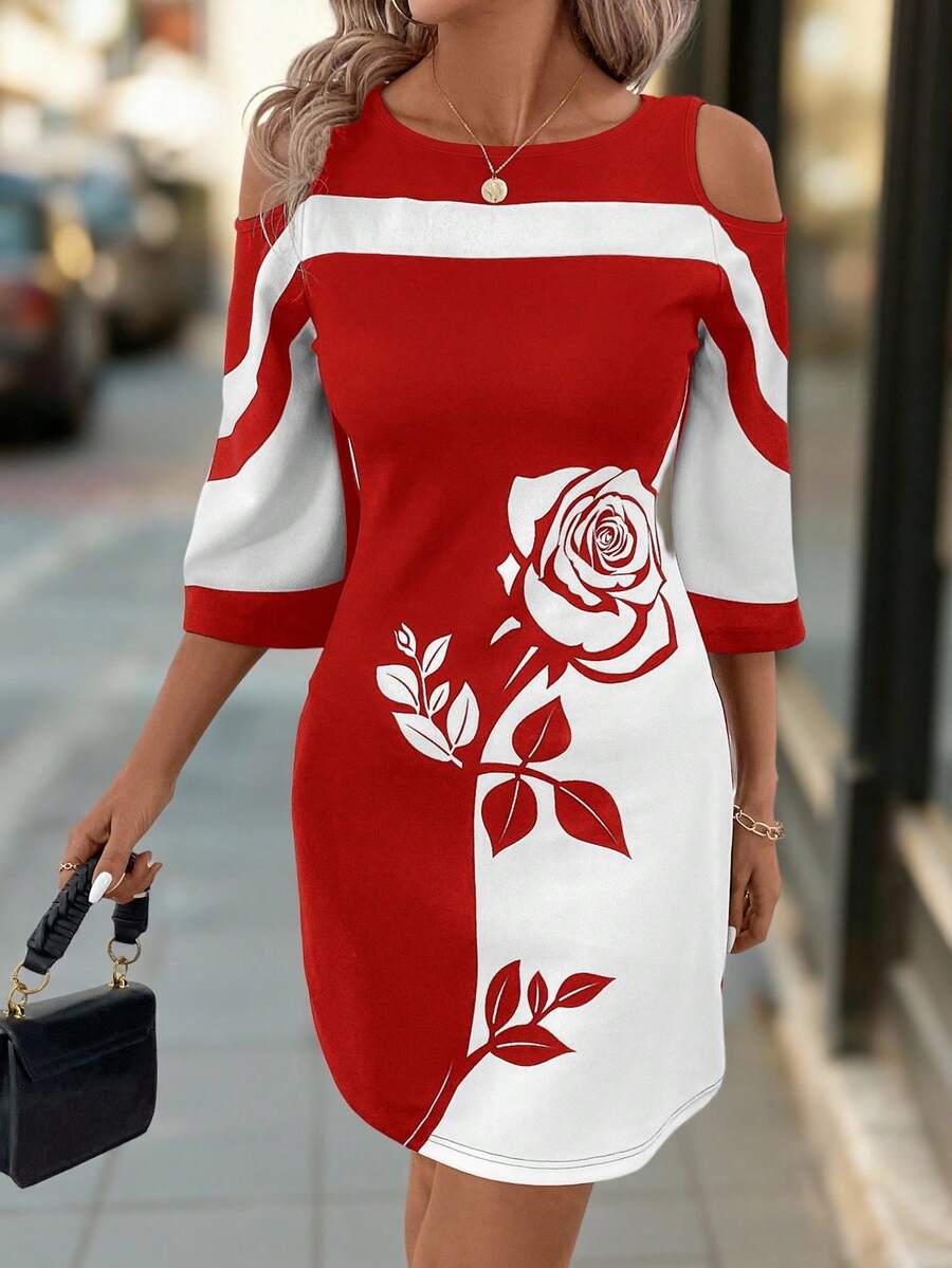 Vestido Laura Elegante Curto Ombros de Fora Floral