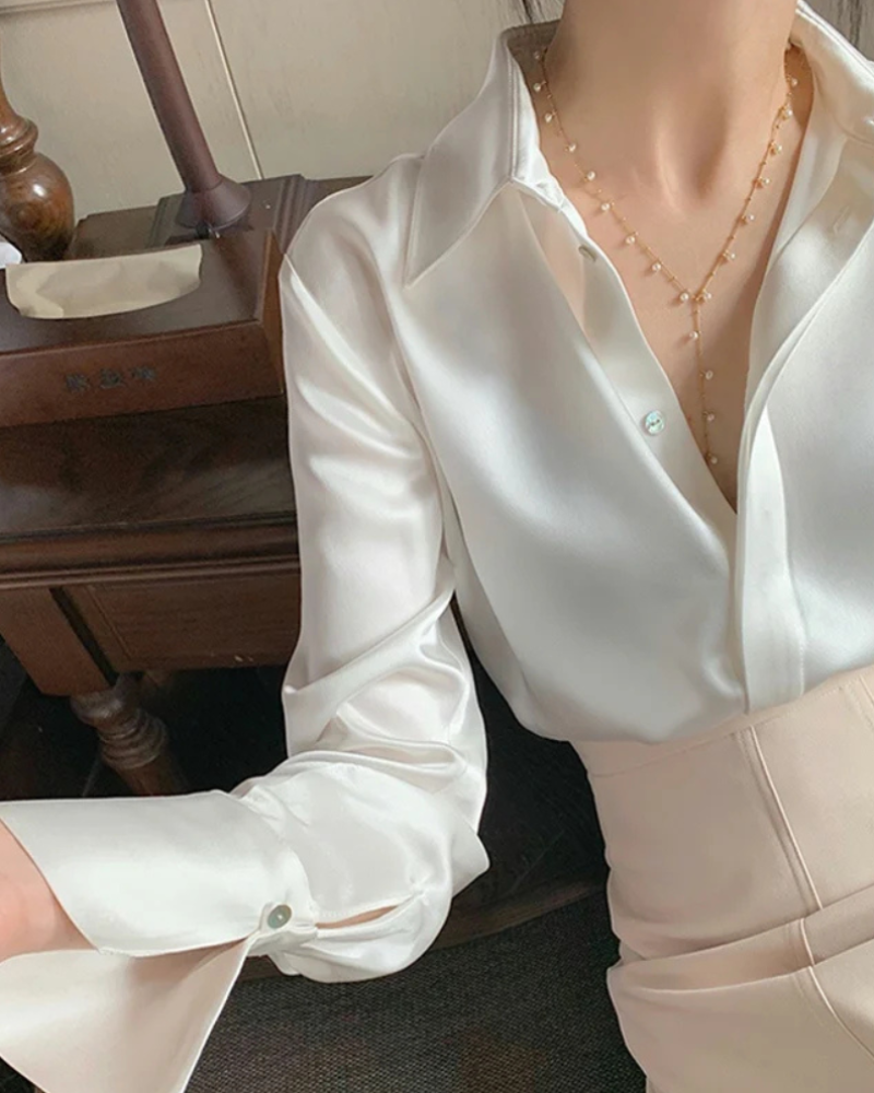 Blusa de Cetim Feminina Manga Longa Moda Francesa