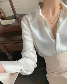 Blusa de Cetim Feminina Manga Longa Moda Francesa